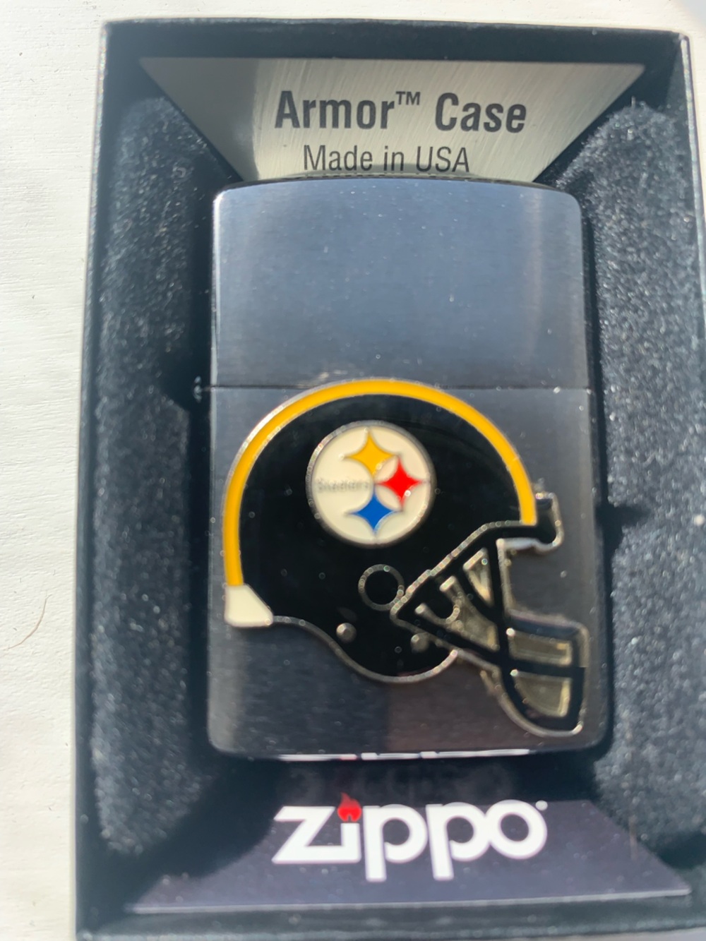 New ZIPPO Armor Brushed Chrome “Steelers Helmet” Enamel Emblem